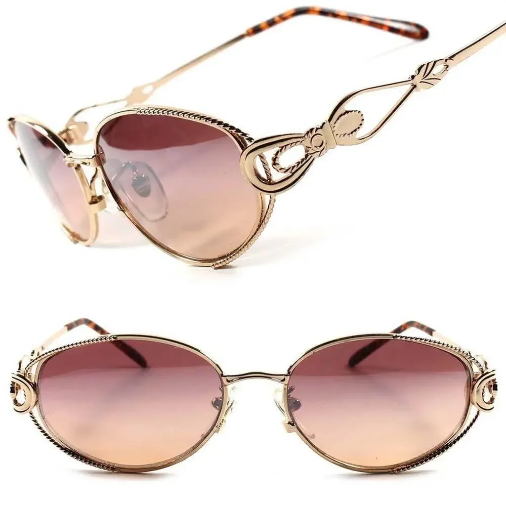 Gold Scroll Temple Oval Sunglasses Brown Gradient Lens